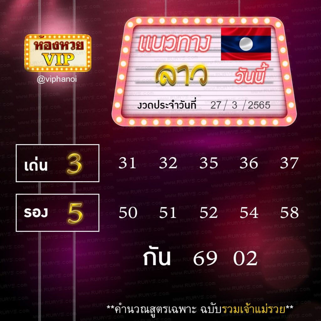 แนวทางหวยลาว ห้องวีไอพี งวดวันที่ 27 มีนาคม 2565