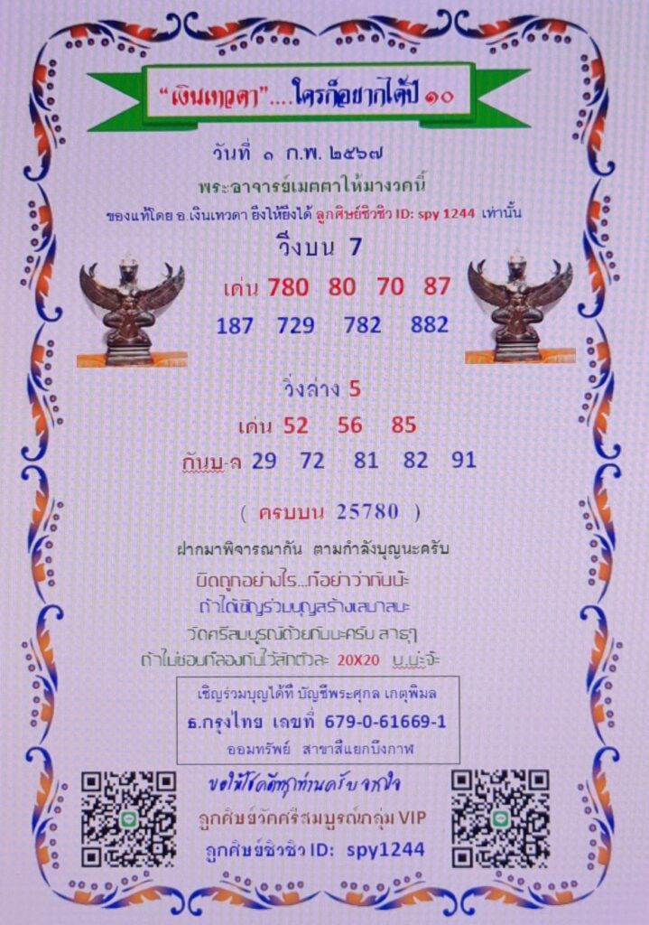 หวยเงินเทวดา งวดวันที่ 1 กุมภาพันธ์ 2567