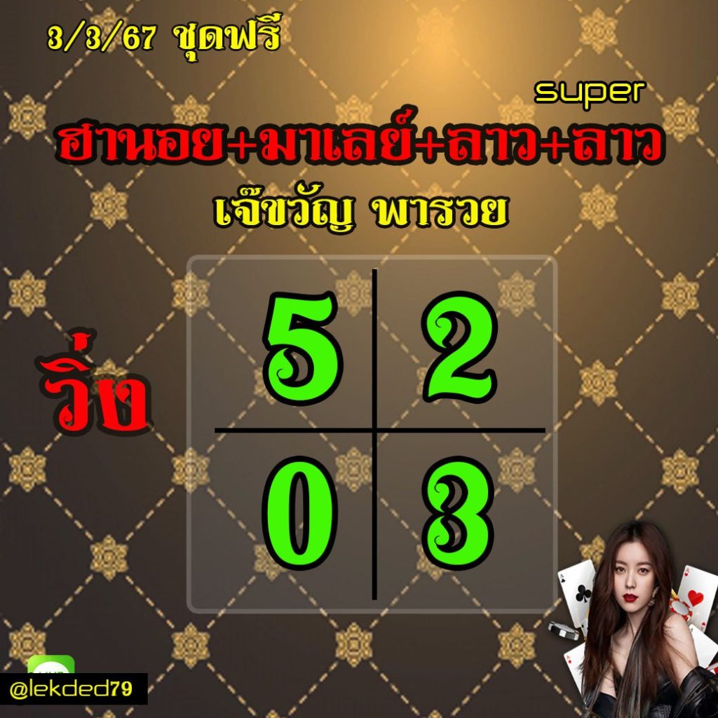 แนวทางหวยลาว หวยฮานอย หวยมาเลย์ เจ๊ขวัญ พารวย งวดวันที่ 3 มีนาคม 2567