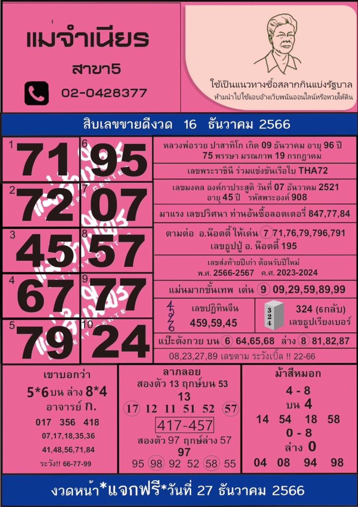 หวยแม่จำเนียร งวด ประจำวันที่ 16 ธันวาคม 2566