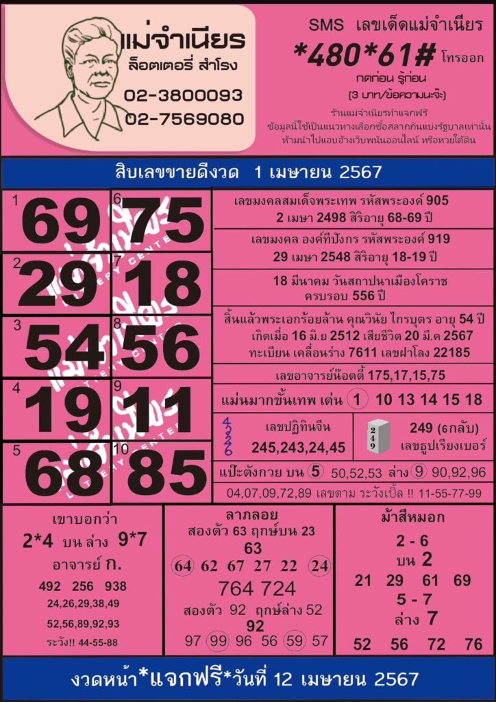 หวยแม่จำเนียร งวดวันที่ 1 เมษายน 2567