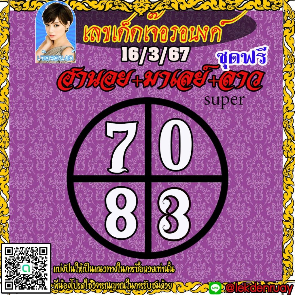 แนวทางหวยลาว หวยฮานอย หวยมาเลย์ เจ๊อรอนงค์ งวดวันที่ 16 มีนาคม 2567