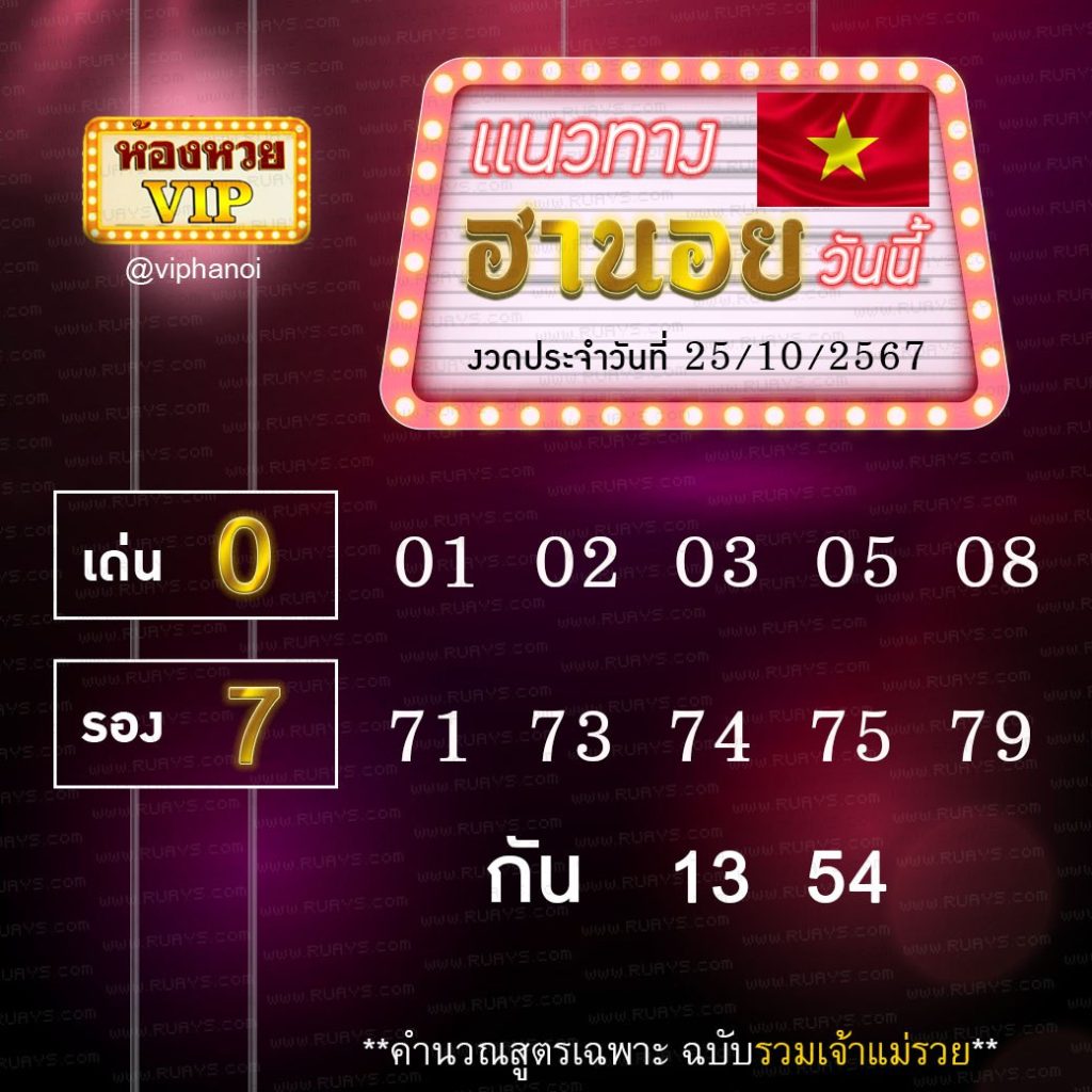 แนวทางหวยฮานอย ห้องวีไอพี งวดวันที่ 25 ตุลาคม 2567
